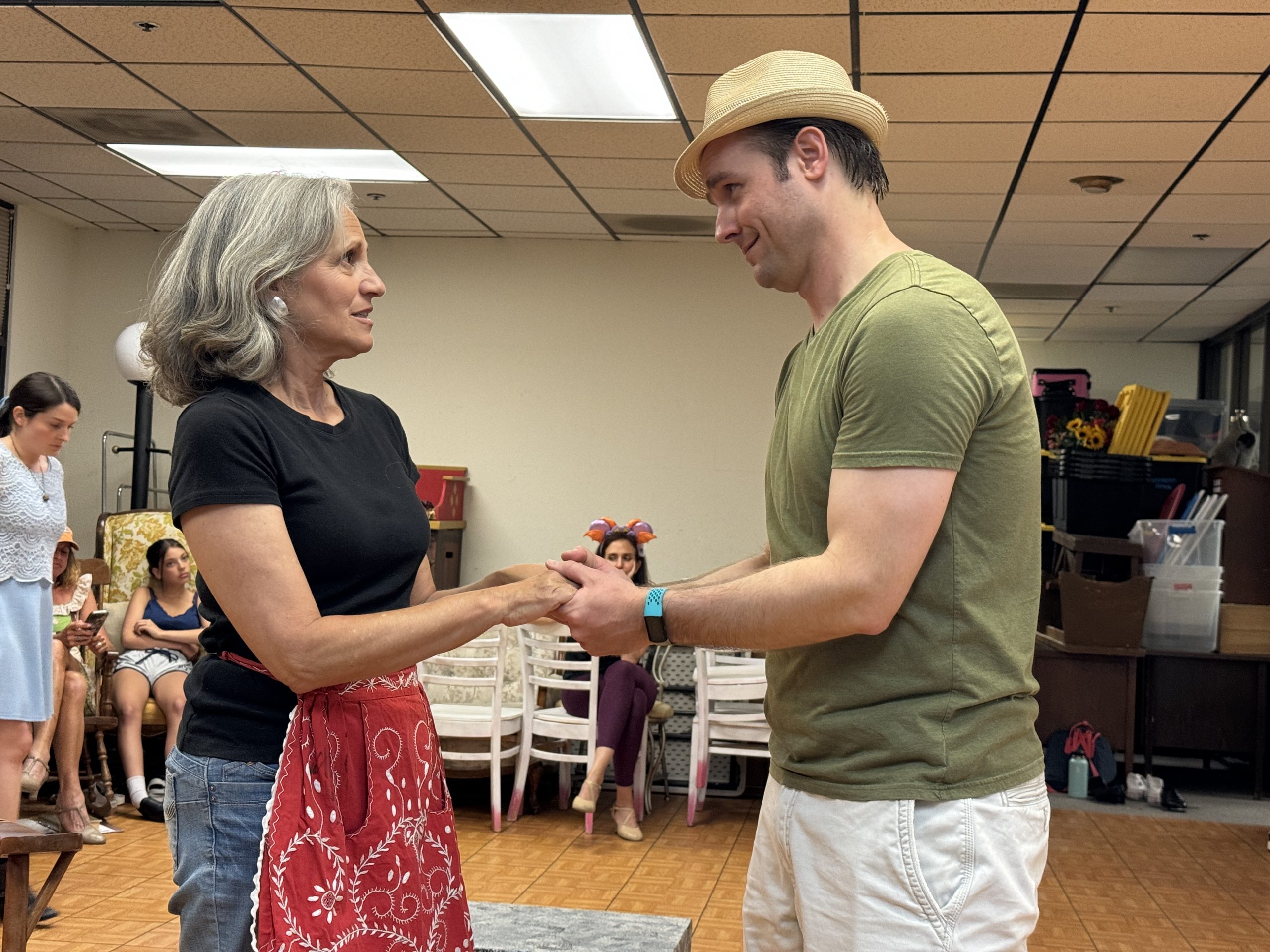 Mrs Paroo (Jill Vellinger) and Harold Hill (John Melis) rehearsing for TVTC The Music Man.