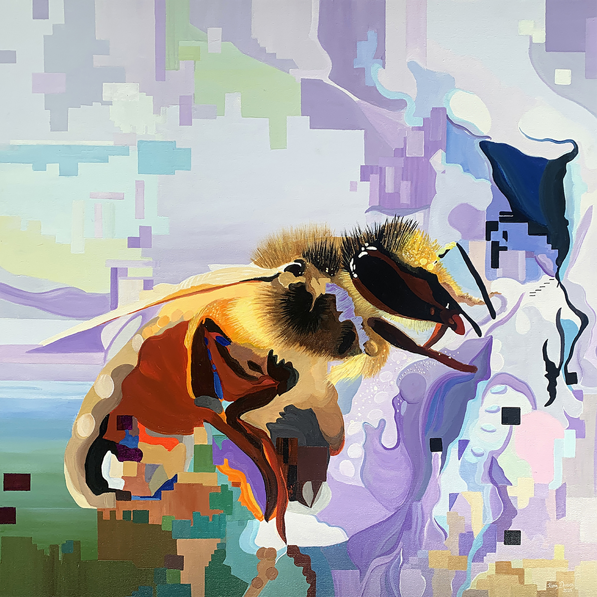 Bee In Iris (acrylic) by Karin Denson