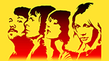 Drawings of ABBA on yellow background with reds, blacks and purple.