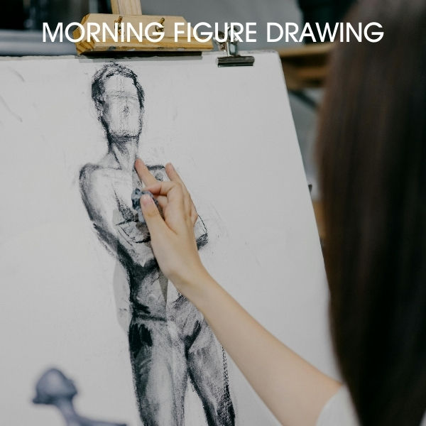 Morning Figure Drawing. Woman working on an easel drawing a figure in charcoal.
