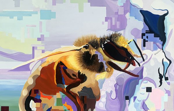 Bee In Iris (acrylic) by Karin Denson
